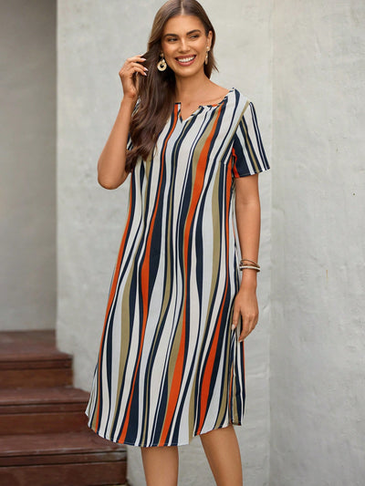 EMERY ROSE Notched Neckline Color Stripes With Sleeves Striped Print Tunic Summer Dress