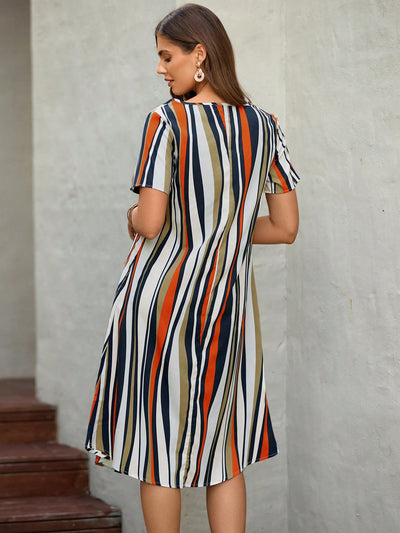 EMERY ROSE Notched Neckline Color Stripes With Sleeves Striped Print Tunic Summer Dress