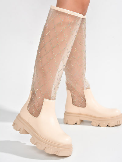 Bold and Beautiful: Knee-High Mesh Boots with Chunky Lug Sole