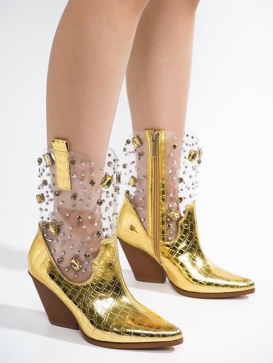 These Western Chic boots are made from genuine crocodile leather, adding a touch of luxury to your wardrobe. The rhinestone gem detailing adds a touch of sparkle to your ensemble, perfect for any special occasion. These <a href="https://canaryhouze.com/collections/women-boots?sort_by=created-descending" target="_blank" rel="noopener">boots</a> are designed with both style and comfort in mind, making them a must-have addition to your collection.