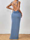 Strappy Elegance: Draped Crisscross Backless Knot Shoulder Cami Dress