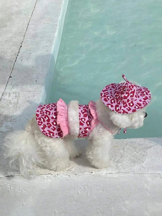 Wild Feline Fun: Leopard Print Pet Bikini and Hat Set for Cats and Dogs!