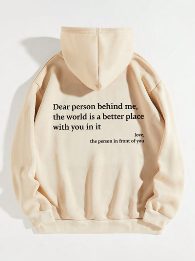 Cozy Style: Slogan Graphic Thermal Hoodie with Kangaroo Pocket