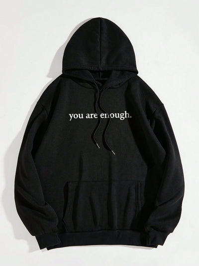 Cozy Style: Slogan Graphic Thermal Hoodie with Kangaroo Pocket