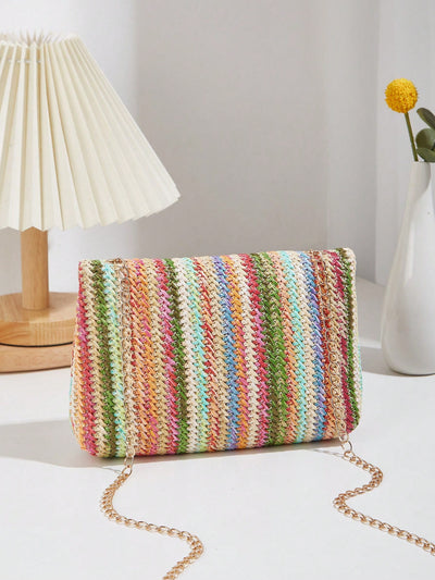 Rainbow Dreams: Striped Pattern Flap Straw Bag for Your Vacation Getaway