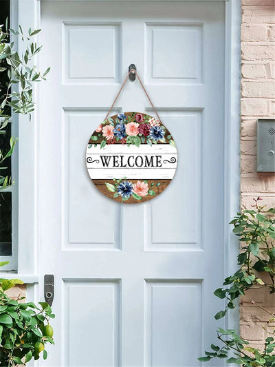 Blue Flower Butterfly Welcome Door Hanging Sign - Charming Wood Plaque Decoration