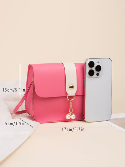 Chic Color Block Crossbody Bag with Pearl Pendant – Perfect Mini Bag for On-the-Go Style