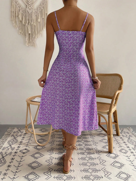 Chic Floral Print Knot Front Cami Dress with Split Thigh