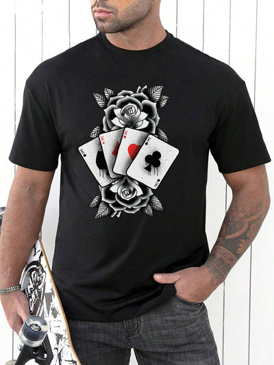 Men Four Playing Card and Flower Pattern Print Tshirt