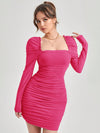 Radiant Ruched Mesh Overlay Dress with Frill Trim and Gigot Sleeves