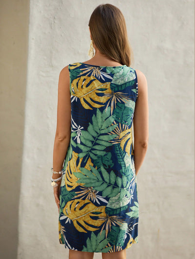 Exotic Elegance: Tropical Print Scoop Neck Dress