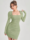 Radiant Ruched Mesh Overlay Dress with Frill Trim and Gigot Sleeves