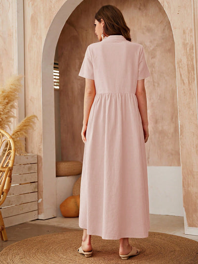 Effortless Elegance:  Purple Stand Collar Short Sleeve Long Dress - Perfect for Your Vacation