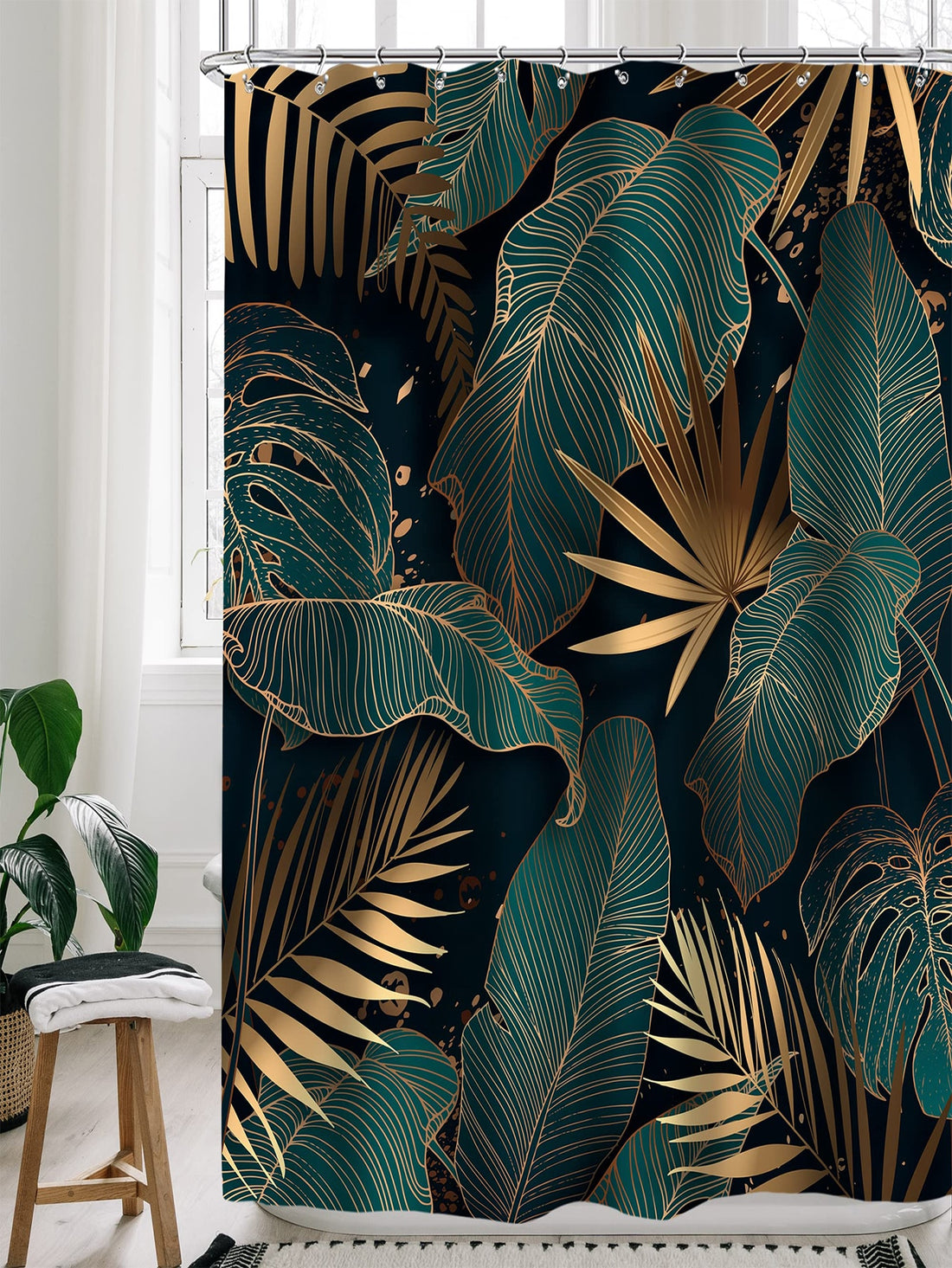 Elevate your bathroom decor with our Chic Nordic Style Black and Gold Jungle Leaf Printed Waterproof Shower Curtain. Its elegant design adds a touch of luxury to any bathroom while also providing waterproof protection. Perfect for a trendy and functional upgrade to your shower experience.