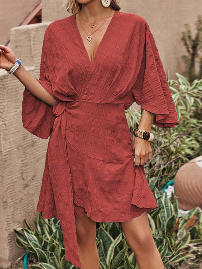 Chic Batwing Sleeve Knot Side Wrap Dress – Effortless Elegance for Any Occasion