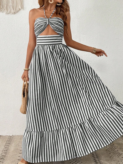 Summertime Dream: Sleeveless Striped Floral Vacation Dress with Neck Hanging Design