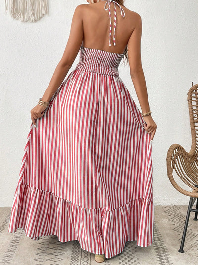 Summertime Dream: Sleeveless Striped Floral Vacation Dress with Neck Hanging Design