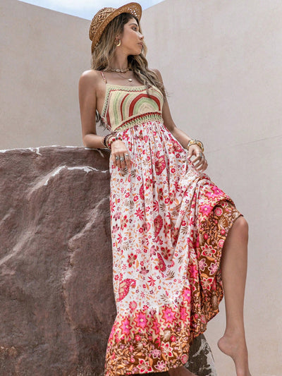 Blooming Beauty: Floral Pattern Print Crisscross Backless Ruffle Cami Dress