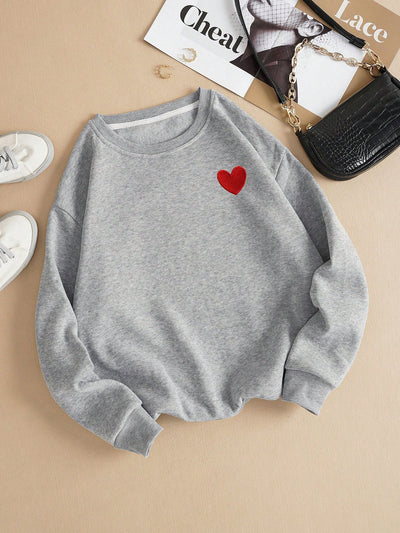 Sweetheart Sweater: Cozy up with Heart Print Casual Long Sleeve Drop Shoulder Sweatshirt