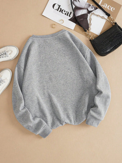 Sweetheart Sweater: Cozy up with Heart Print Casual Long Sleeve Drop Shoulder Sweatshirt