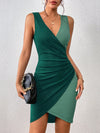 Chic Two-Tone Ruched Side Wrap Dress with Button Detail