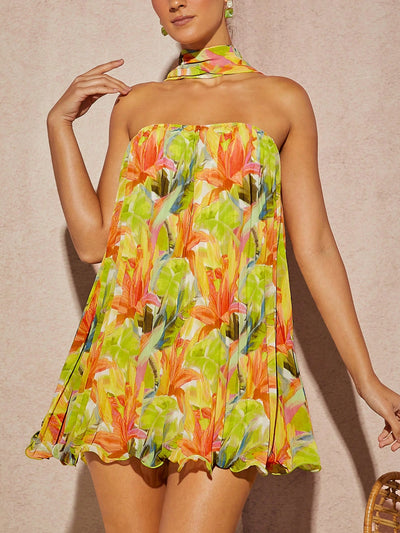 Tropical Elegance: Haute Pleated Neck Detail Dress