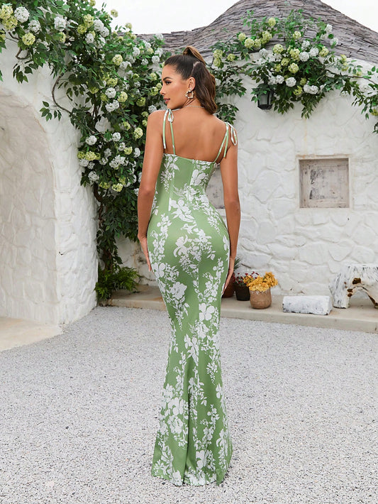 Blooming Beauty: Floral Print Tie Shoulder Mermaid Hem Maxi Cami Dress