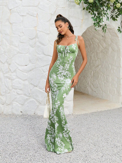 Blooming Beauty: Floral Print Tie Shoulder Mermaid Hem Maxi Cami Dress