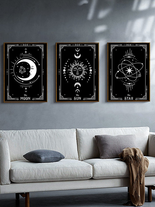 Celestial Harmony: 3-Piece Sun and Moon Pattern Unframed Wall Art