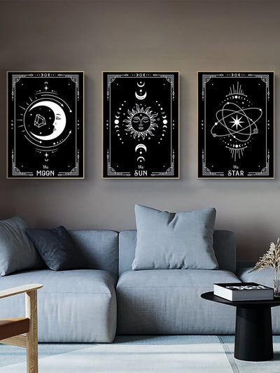 Celestial Harmony: 3-Piece Sun and Moon Pattern Unframed Wall Art