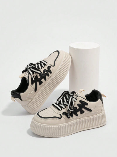Sporty Chic: Beige Letter Graphic Lace-up Sneakers for Women