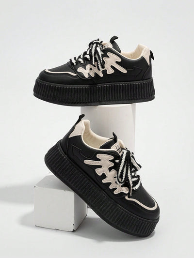 Sporty Chic: Beige Letter Graphic Lace-up Sneakers for Women