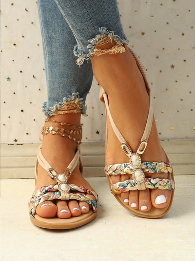 Vacation-Ready Beaded Flat Sandals: Stylish Solid Color for Women and Students