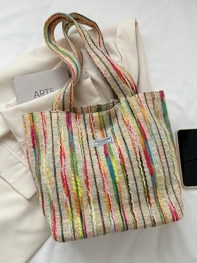 Stylish Canvas Colorblock Striped Shoulder Bag with Magnetic Buckle - Perfect for Women's Vacations and Casual Daily Use