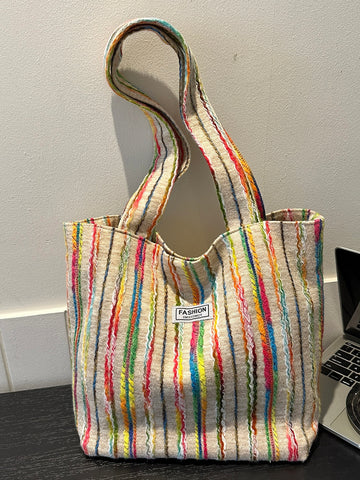 Stylish Canvas Colorblock Striped Shoulder Bag with Magnetic Buckle - Perfect for Women's Vacations and Casual Daily Use