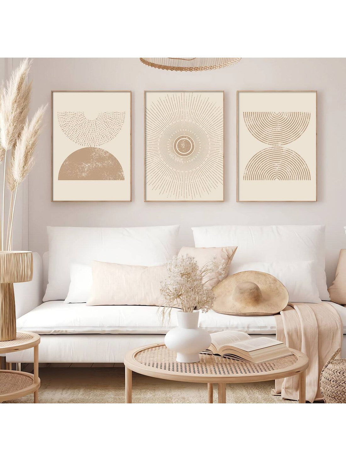 Add a splash of retro charm to your space with this playful 3-piece Boho beige wall art set. Featuring abstract canvas prints in warm tones, it effortlessly blends modern vibes with vintage flair. Perfect for brightening up any room with a touch of artistic fun.