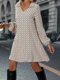 Side view of loose fit printed dress for weekend styling