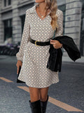 Detail view of button front casual dress with bishop sleeves