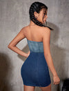 Trendy Colorblock Tube Denim Dress – Elevate Your Style!