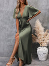 Fluttering Elegance: Plunging Neck Butterfly Sleeve Satin Dress