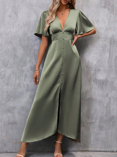 Fluttering Elegance: Plunging Neck Butterfly Sleeve Satin Dress