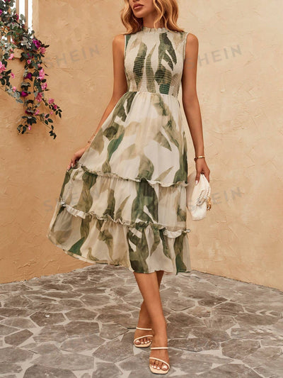 Floral Frenzy: Classic Plants Print Frill Trim Ruffle Hem Dress