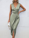 Mint Green Satin Elegance: Surplice Neck Wrap Hem Dress