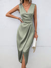 Mint Green Satin Elegance: Surplice Neck Wrap Hem Dress