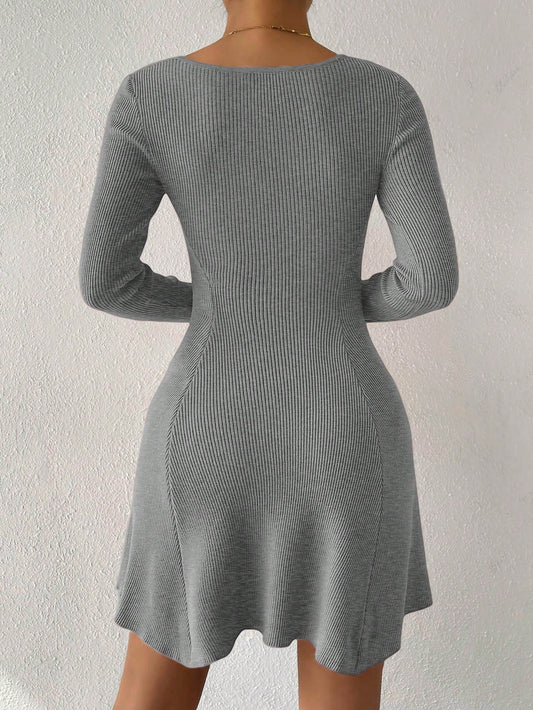 Effortlessly Chic: Square Neck Ribbed Knit Sweater Dress