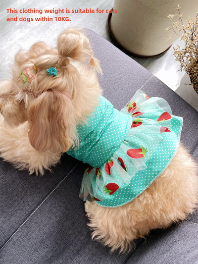 Rural Style Green Polkadot Strawberry Lace Dress for Pets - Adorable Sleeveless Outfit for Dogs and Cats