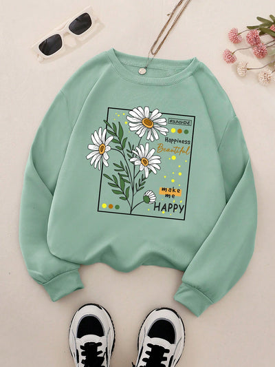 Stay warm and stylish with our Floral and Slogan Graphic Thermal Lined Sweatshirt. The thermal lining provides extra warmth, while the unique floral and slogan graphic adds a touch of personality. Perfect for staying cozy and fashionable this season.