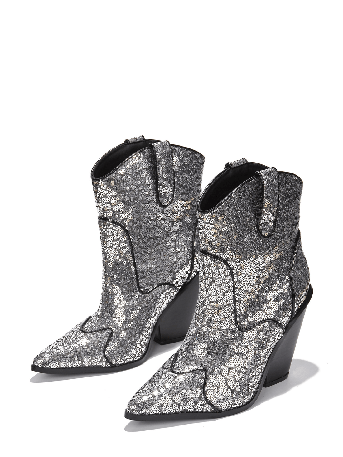 Elevate your style with Prida Mid Block Western Sequin Ankle Booties. Featuring a mid block heel and sparkling sequin design, these booties add a touch of glamour to any outfit. Perfect for dressing up or down, they are a versatile addition to your wardrobe.