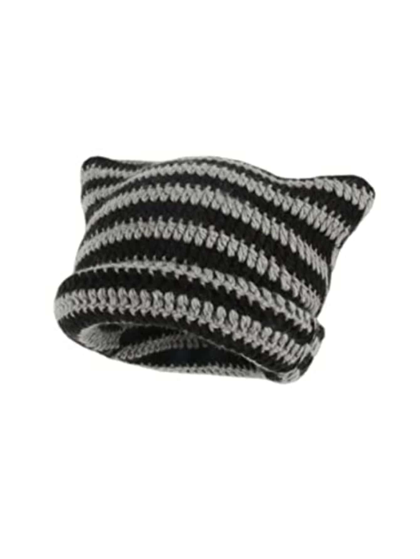 Black and gray striped chunky knit cat ear beanie with folded brim
