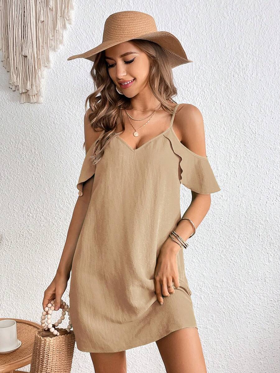 Front view of khaki cold shoulder mini dress with spaghetti straps